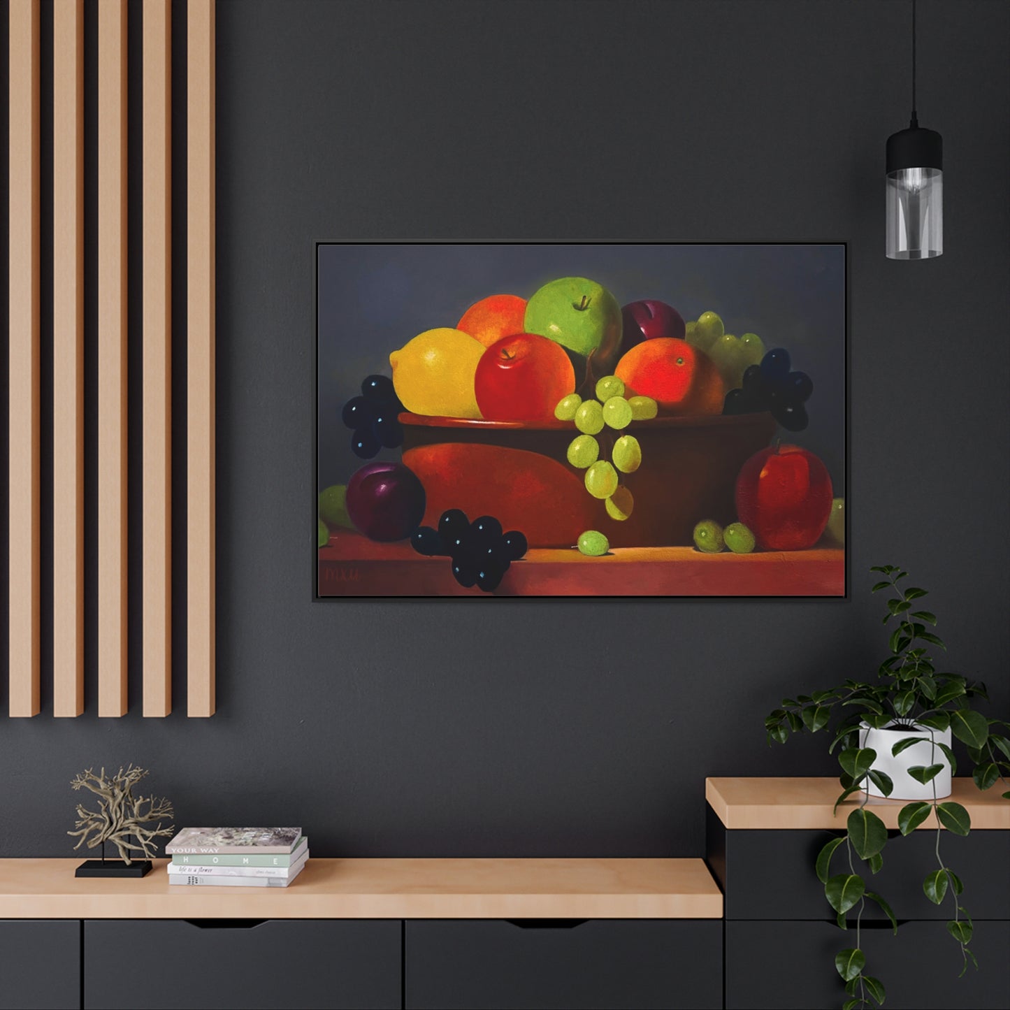 Fruit Basket Painting | Framed Canvas Print (Grey background)