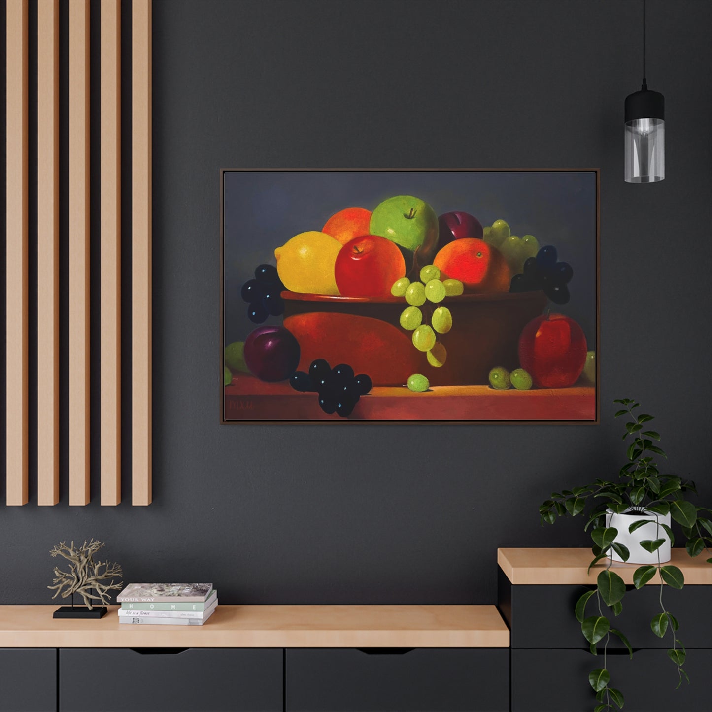 Fruit Basket Painting | Framed Canvas Print (Grey background)