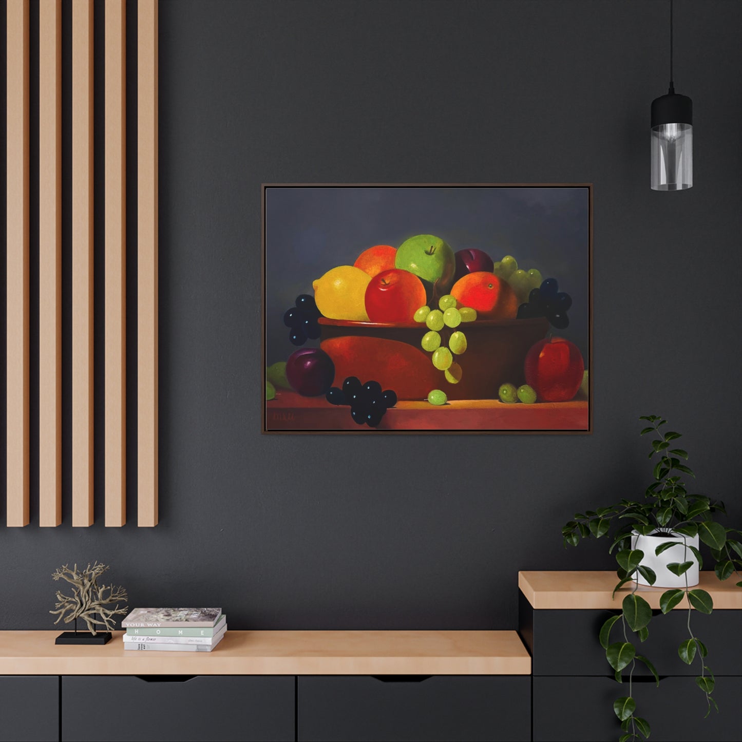 Fruit Basket Painting | Framed Canvas Print (Grey background)