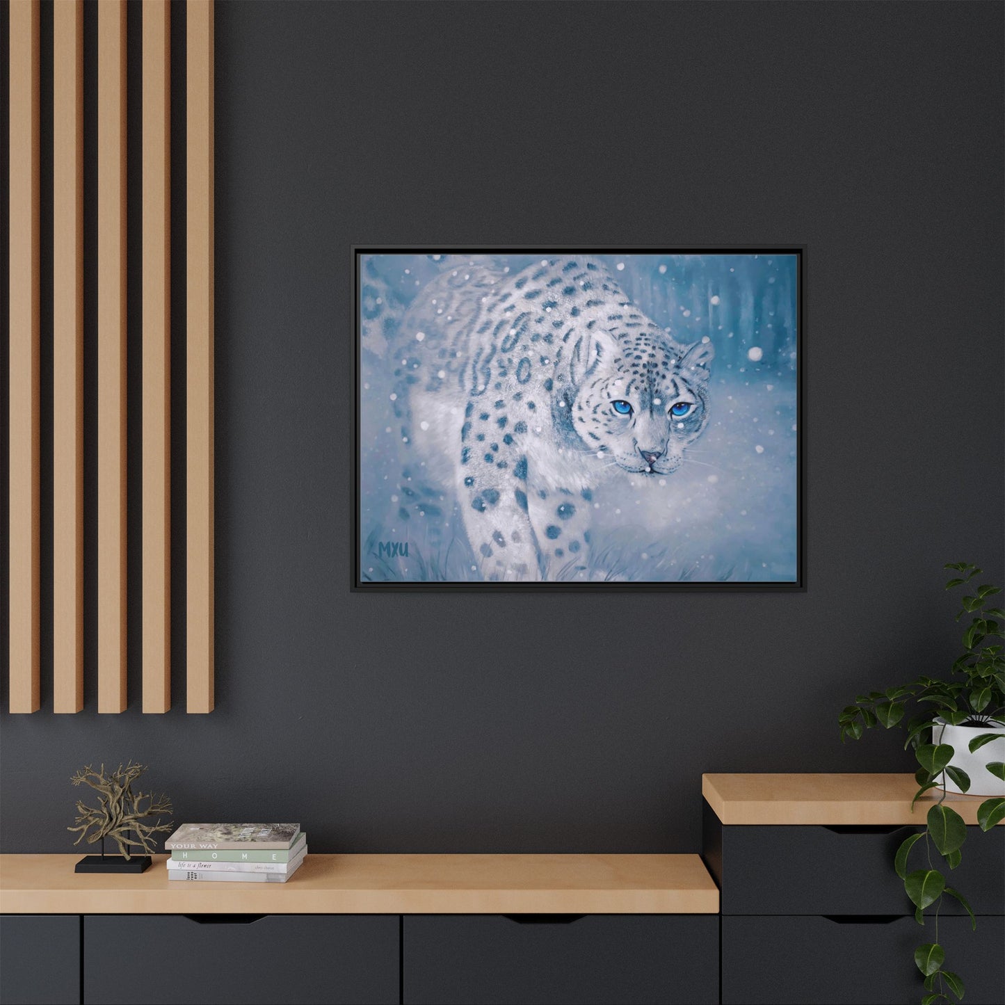 Framed Snow Leopard Canvas Print — Winter Wildlife Wall Art