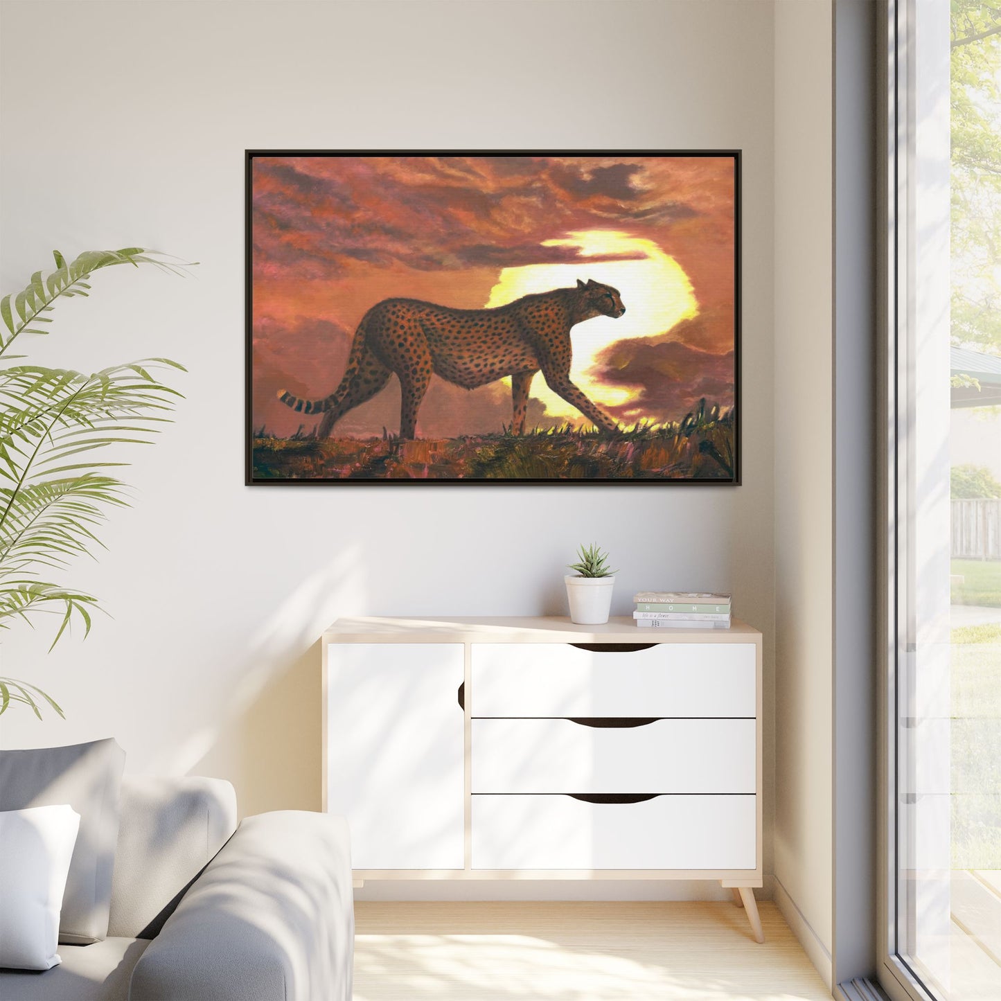 Framed Cheetah Sunset Canvas Print — Wildlife Wall Art