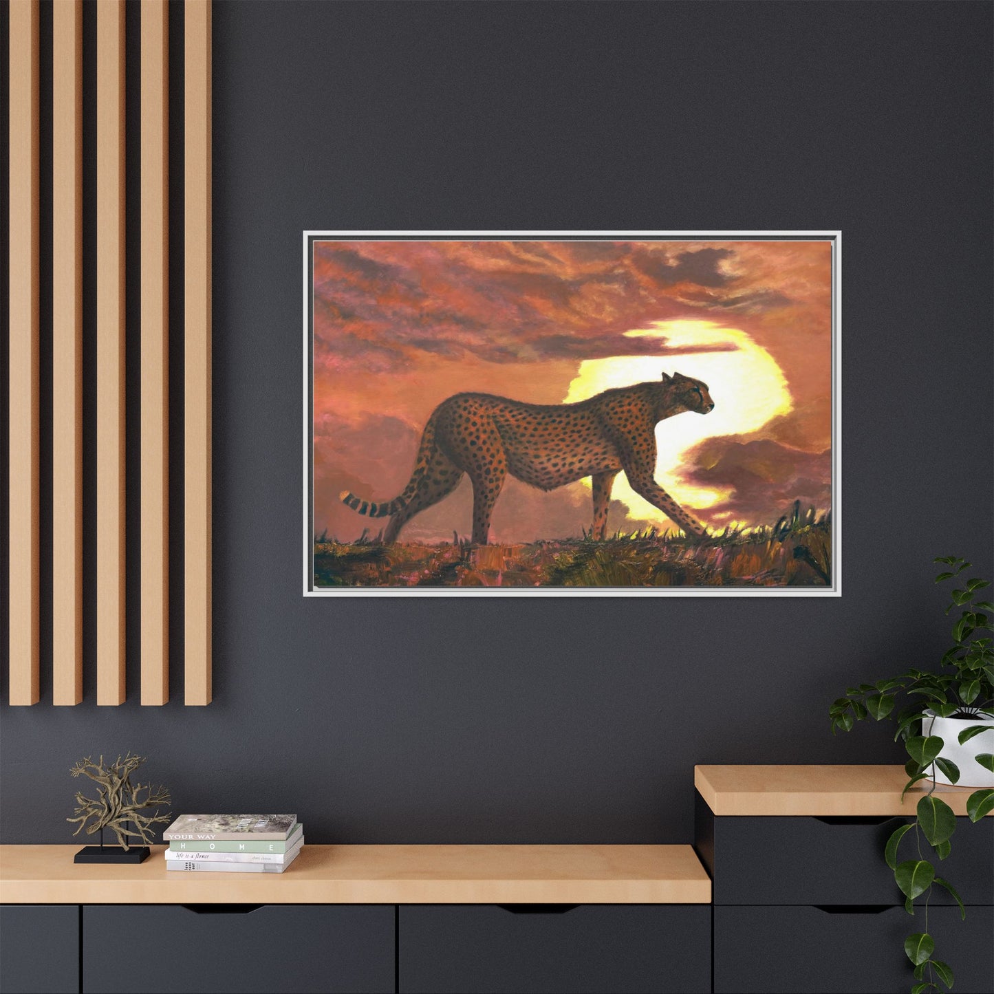 Framed Cheetah Sunset Canvas Print — Wildlife Wall Art