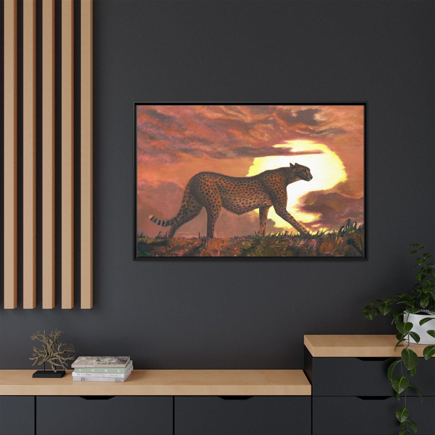 Framed Cheetah Sunset Canvas Print — Wildlife Wall Art
