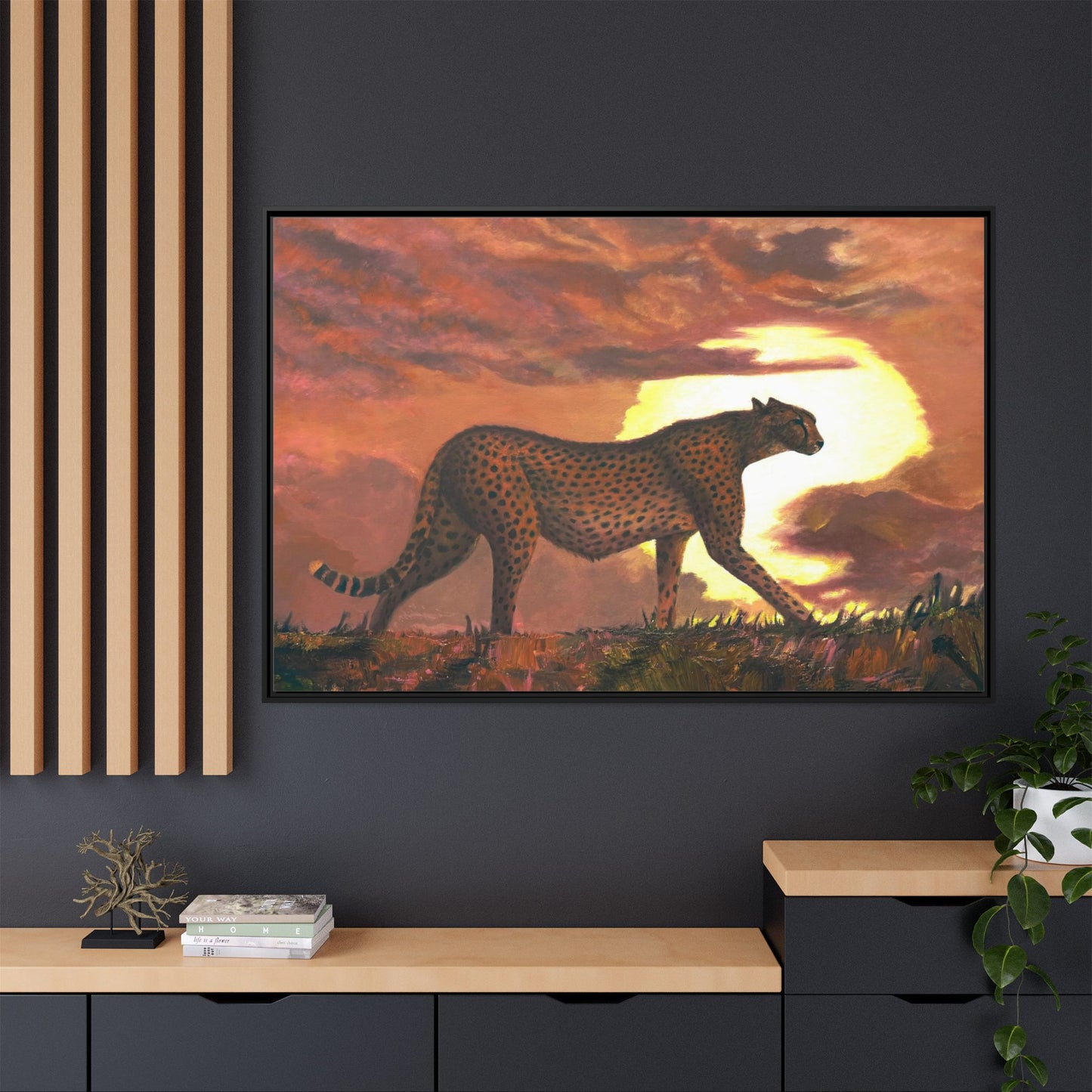 Framed Cheetah Sunset Canvas Print — Wildlife Wall Art