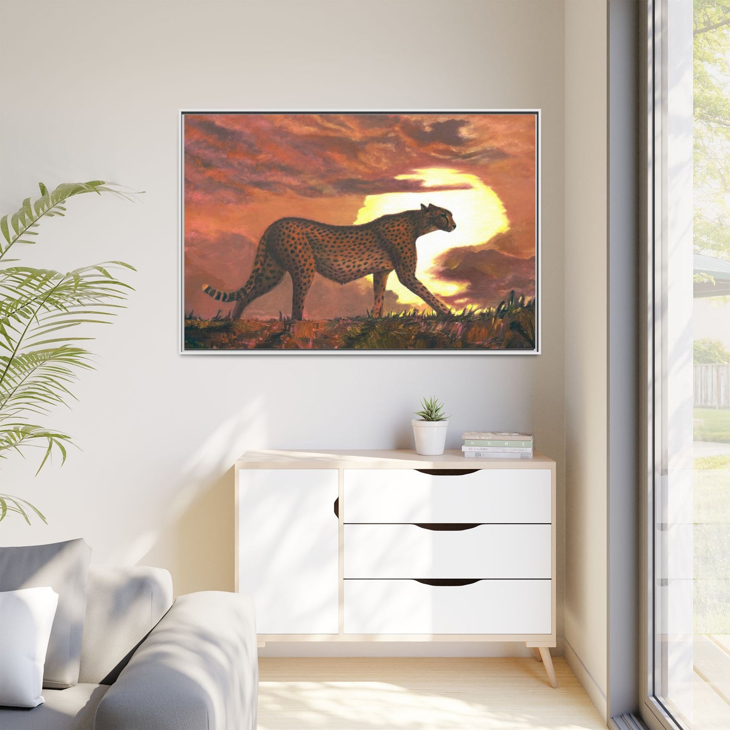 Framed Cheetah Sunset Canvas Print — Wildlife Wall Art