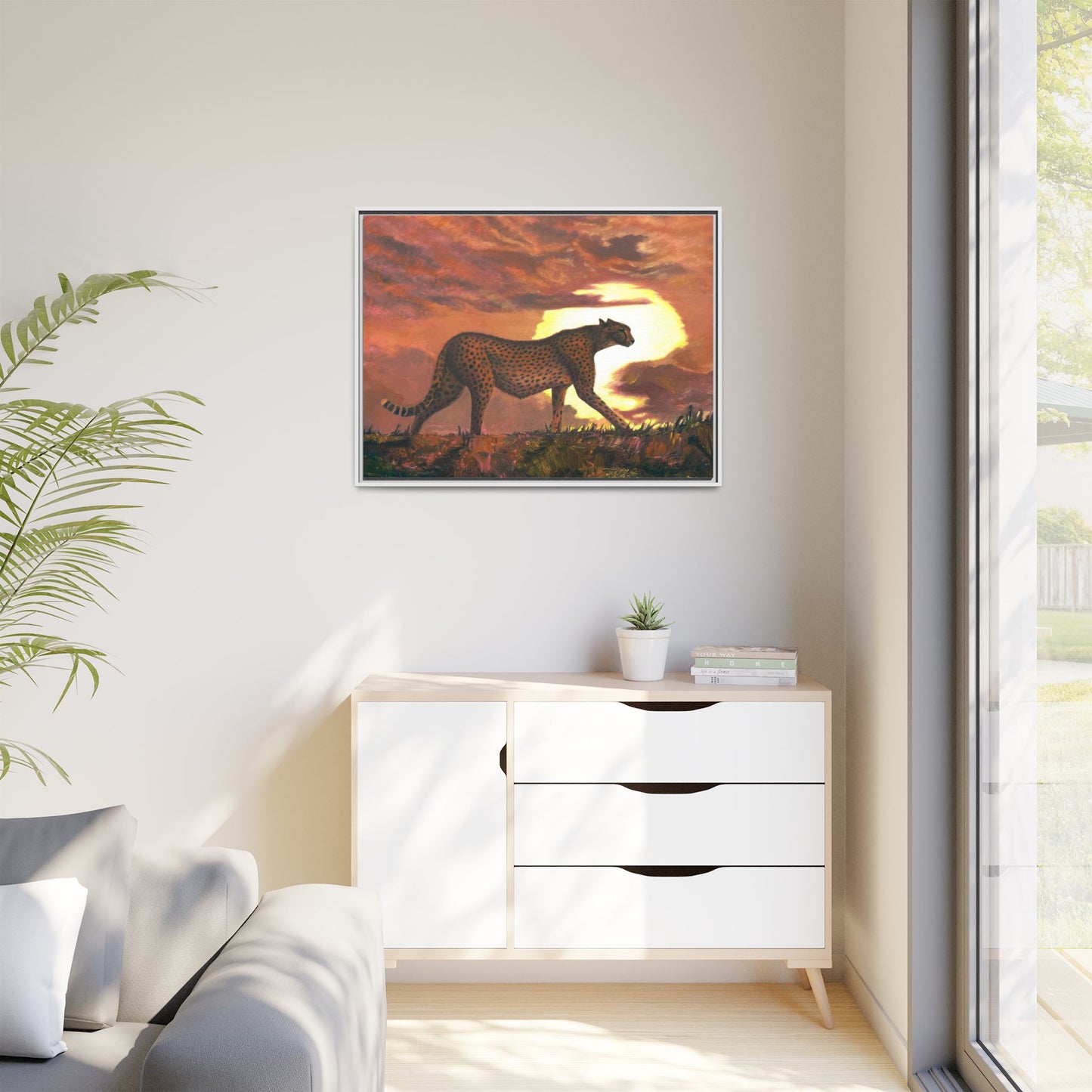 Framed Cheetah Sunset Canvas Print — Wildlife Wall Art