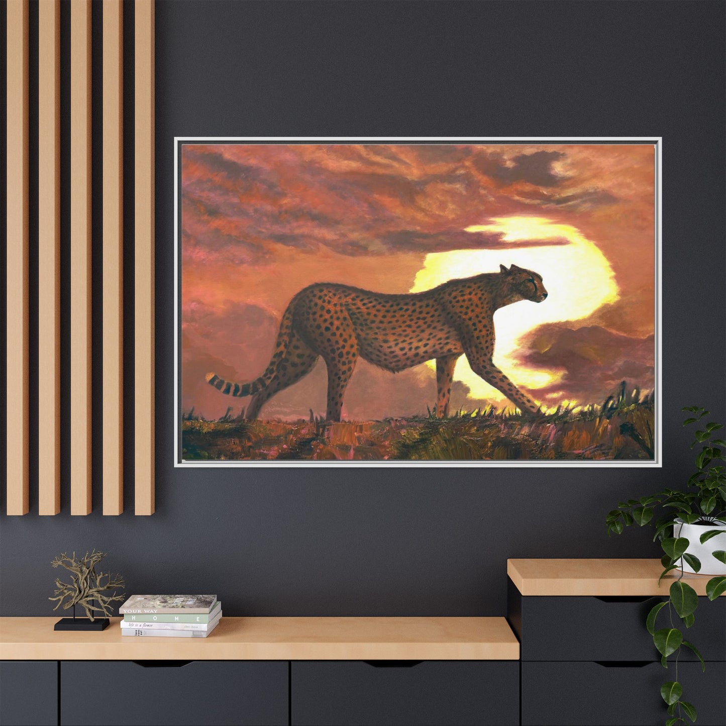 Framed Cheetah Sunset Canvas Print — Wildlife Wall Art