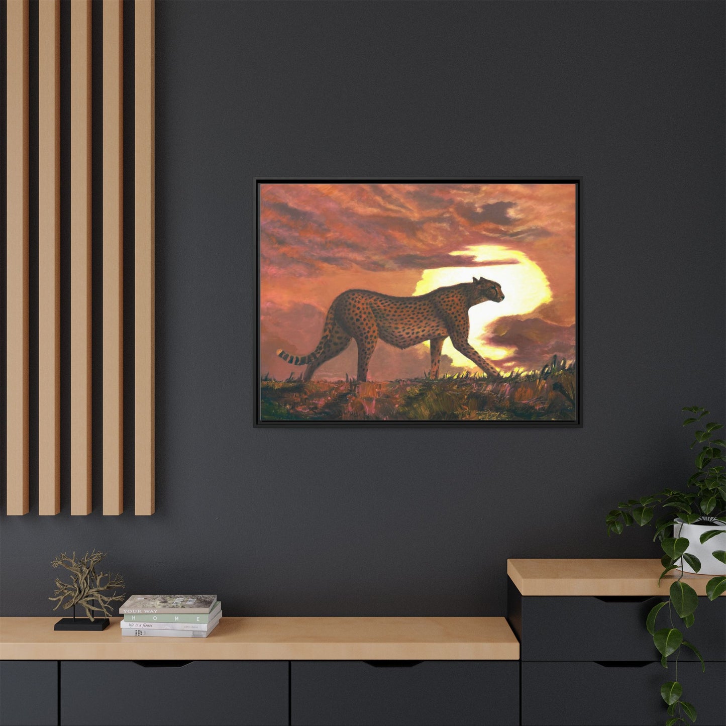 Framed Cheetah Sunset Canvas Print — Wildlife Wall Art
