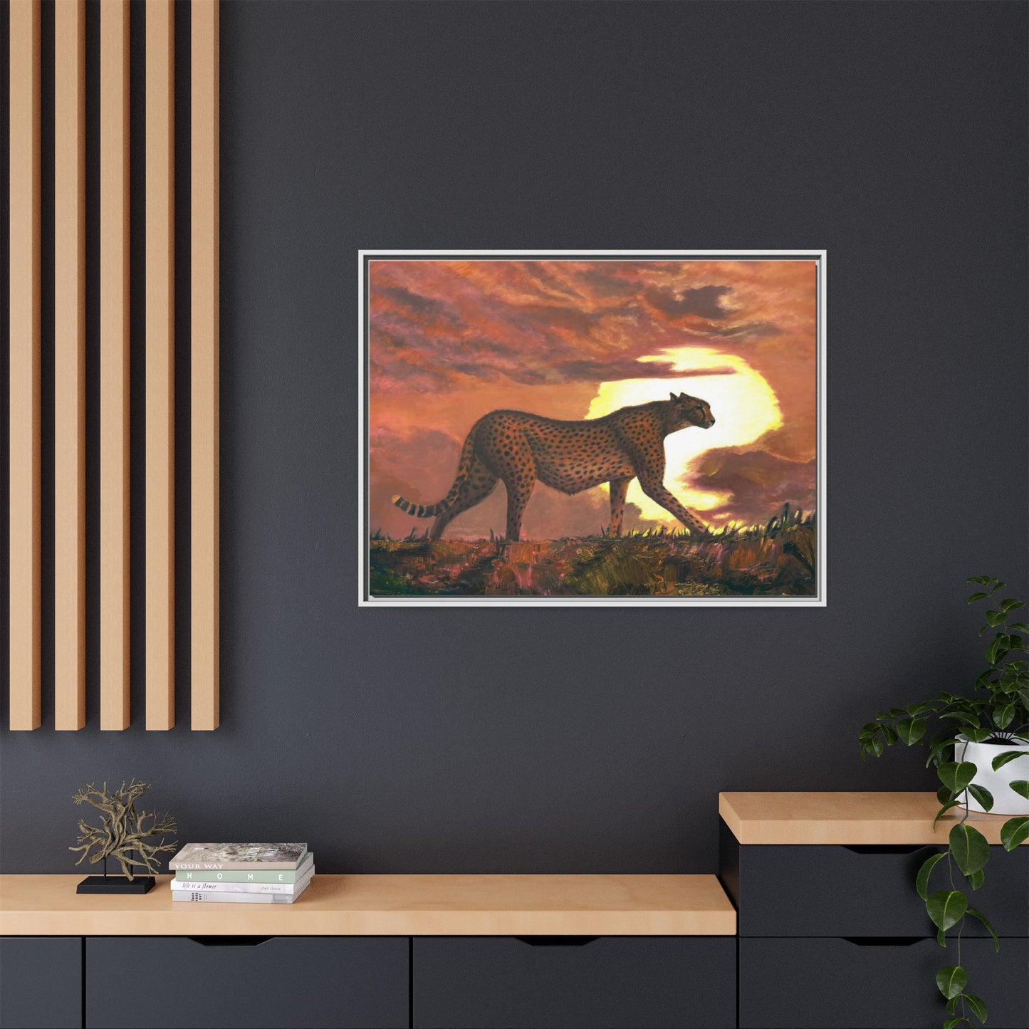 Framed Cheetah Sunset Canvas Print — Wildlife Wall Art
