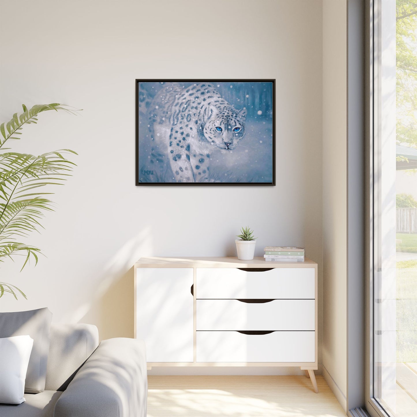 Framed Snow Leopard Canvas Print — Winter Wildlife Wall Art