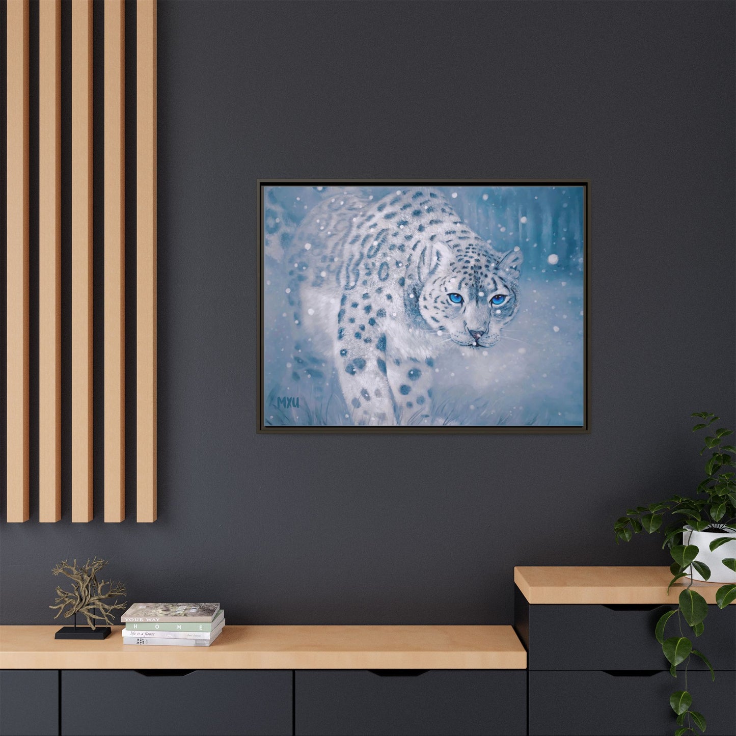 Framed Snow Leopard Canvas Print — Winter Wildlife Wall Art