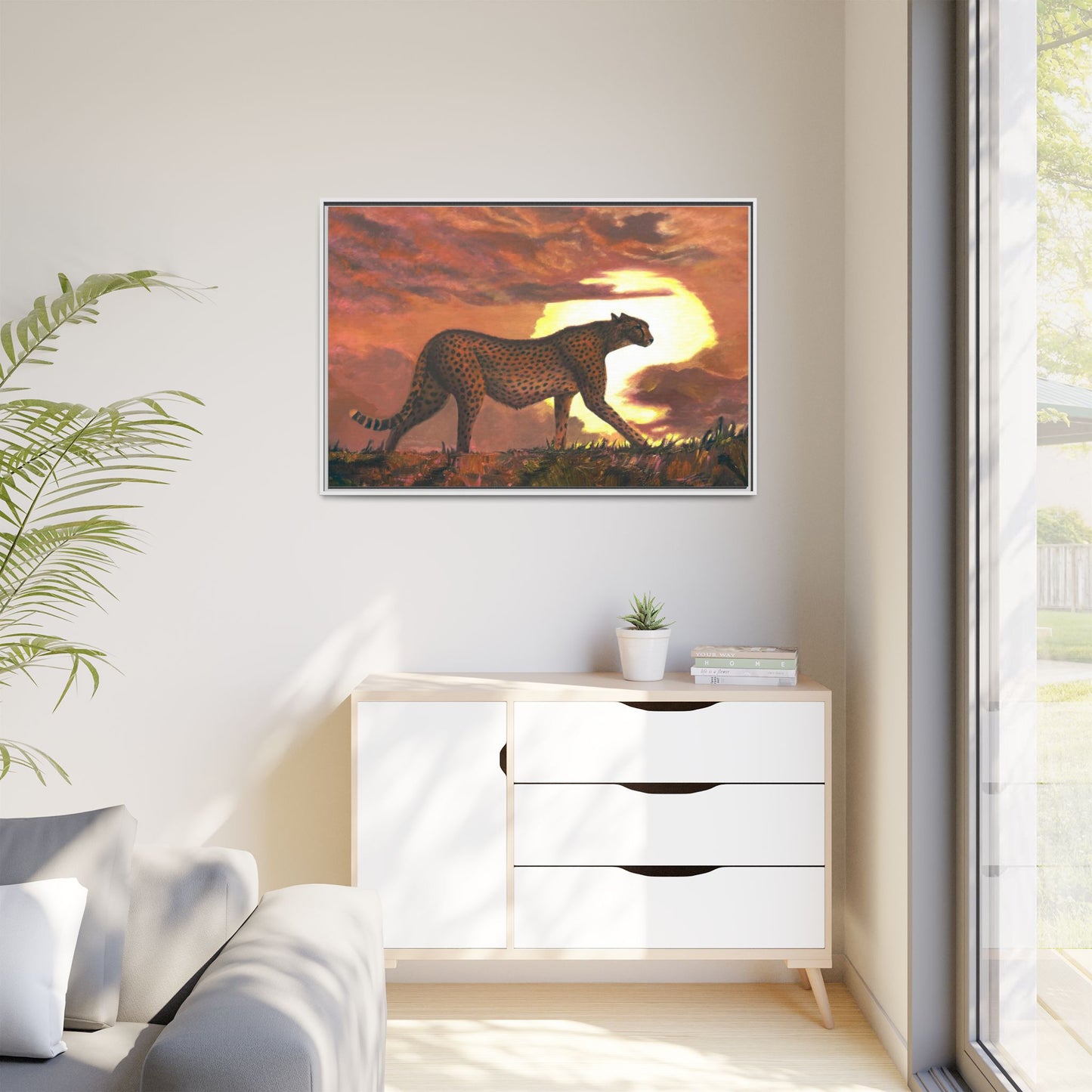 Framed Cheetah Sunset Canvas Print — Wildlife Wall Art