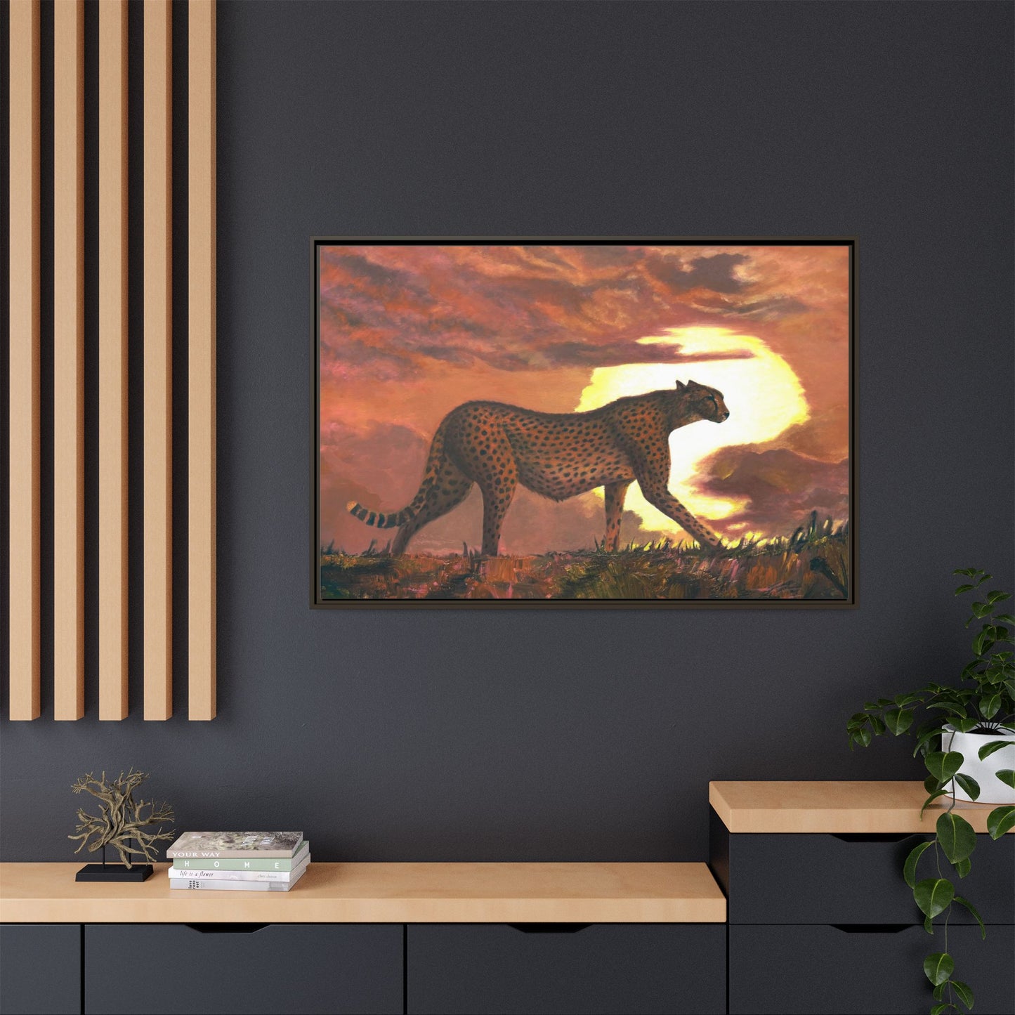 Framed Cheetah Sunset Canvas Print — Wildlife Wall Art