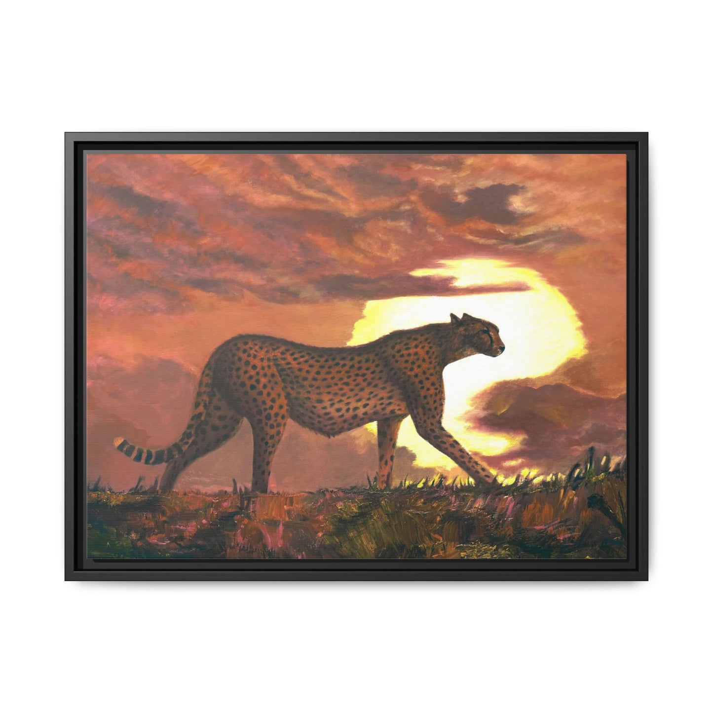 Framed Cheetah Sunset Canvas Print — Wildlife Wall Art