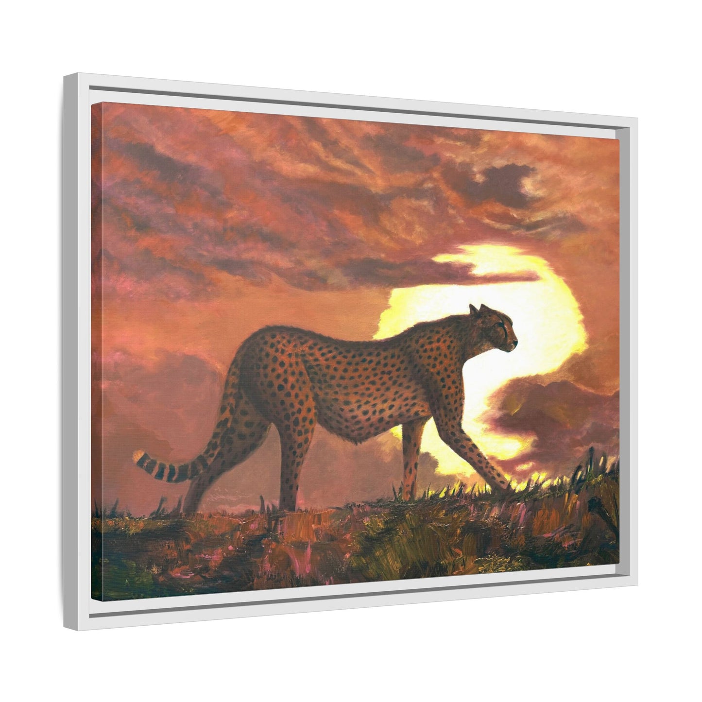 Framed Cheetah Sunset Canvas Print — Wildlife Wall Art