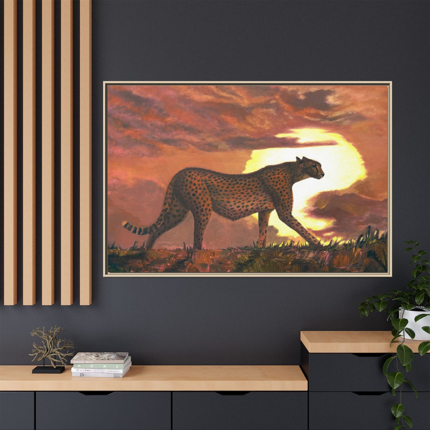 Framed Cheetah Sunset Canvas Print — Wildlife Wall Art