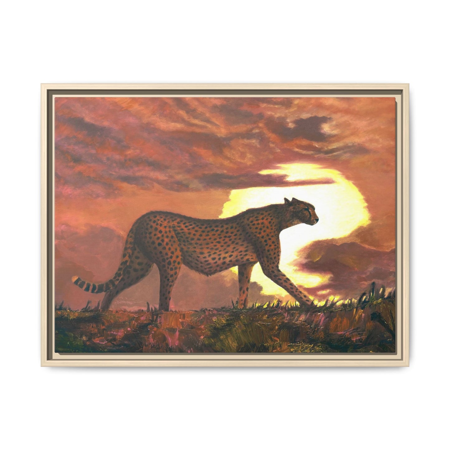 Framed Cheetah Sunset Canvas Print — Wildlife Wall Art