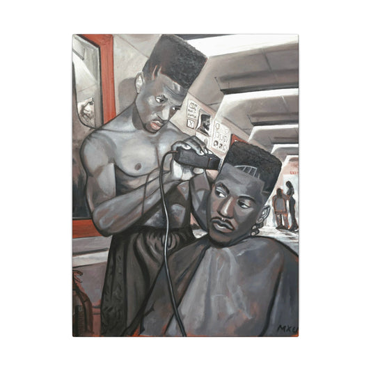 Barber Shop Canvas Art captures a shirtless barber giving a haircut with clippers in a vibrant, busy shop. Vintage hairstyle wall decor celebrates Black hair culture—perfect unique home wall art or barber shop gift for art lovers.