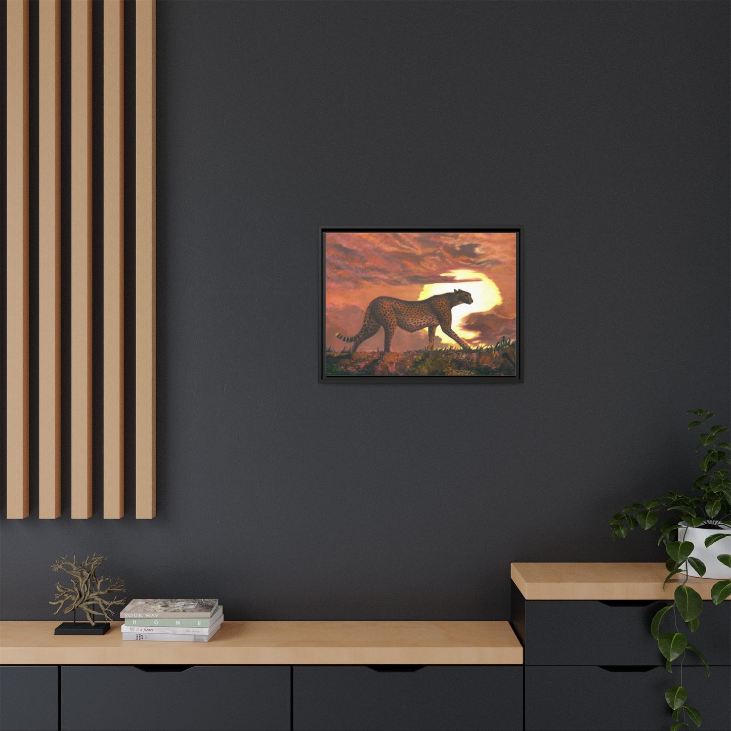 Framed Cheetah Sunset Canvas Print — Wildlife Wall Art