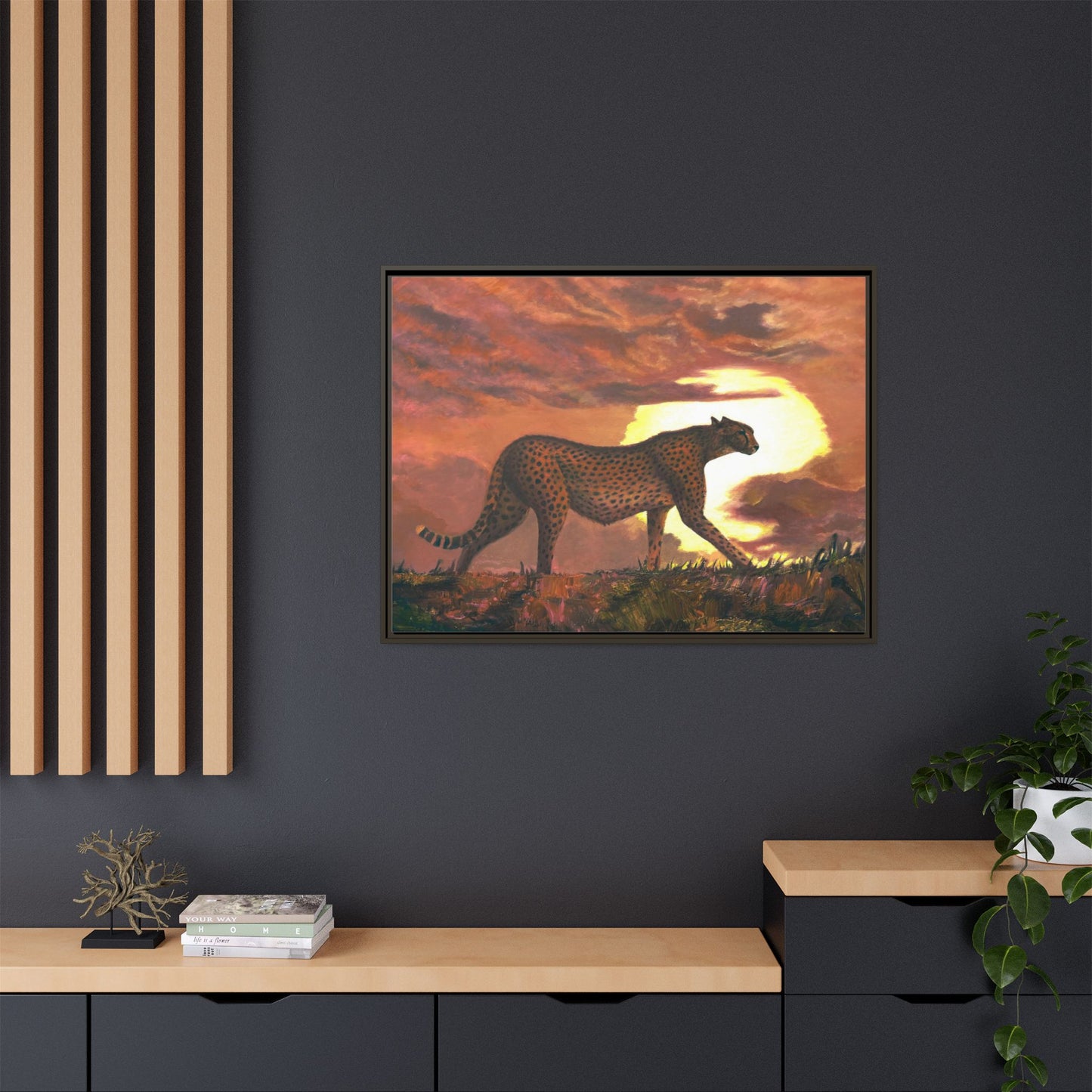 Framed Cheetah Sunset Canvas Print — Wildlife Wall Art