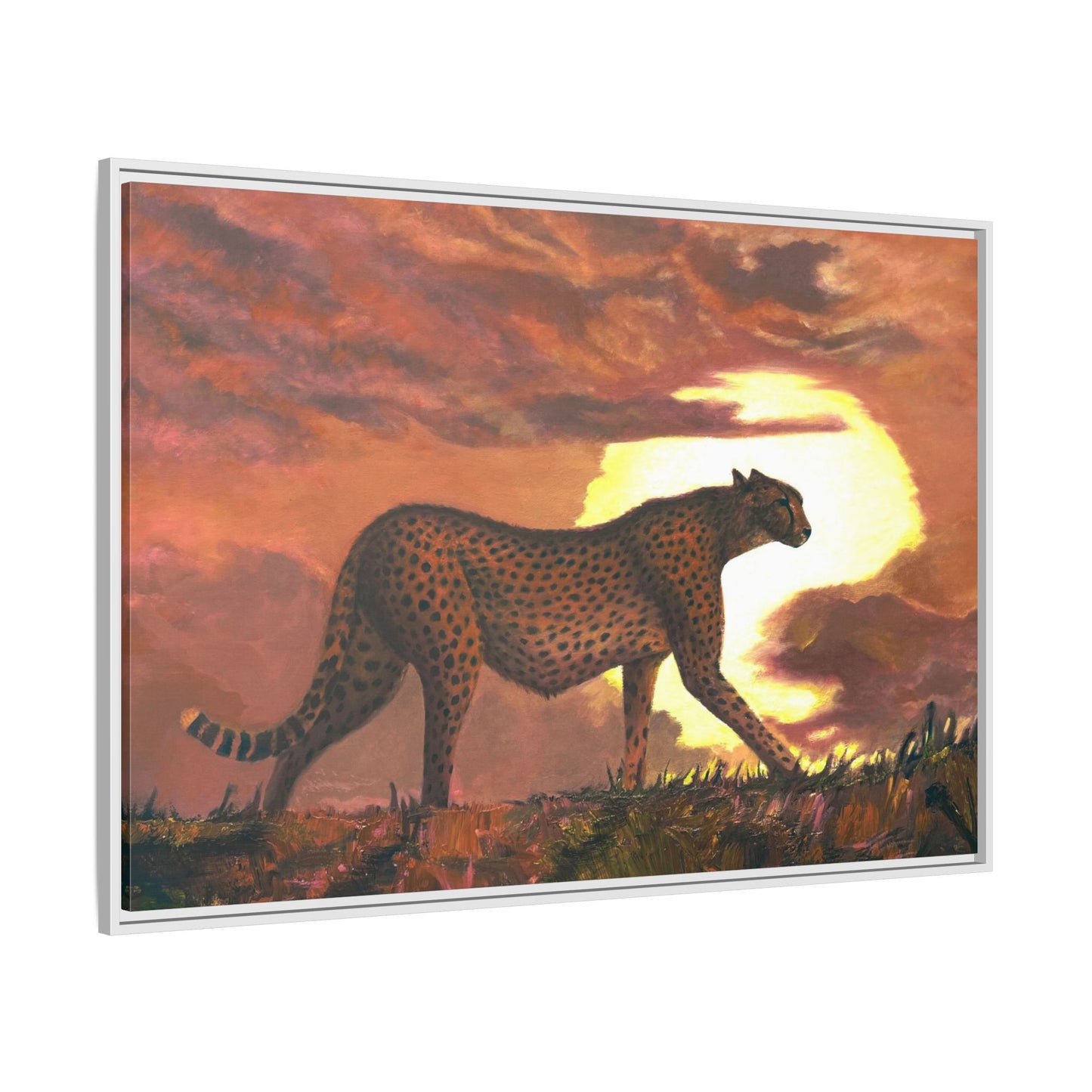 Framed Cheetah Sunset Canvas Print — Wildlife Wall Art