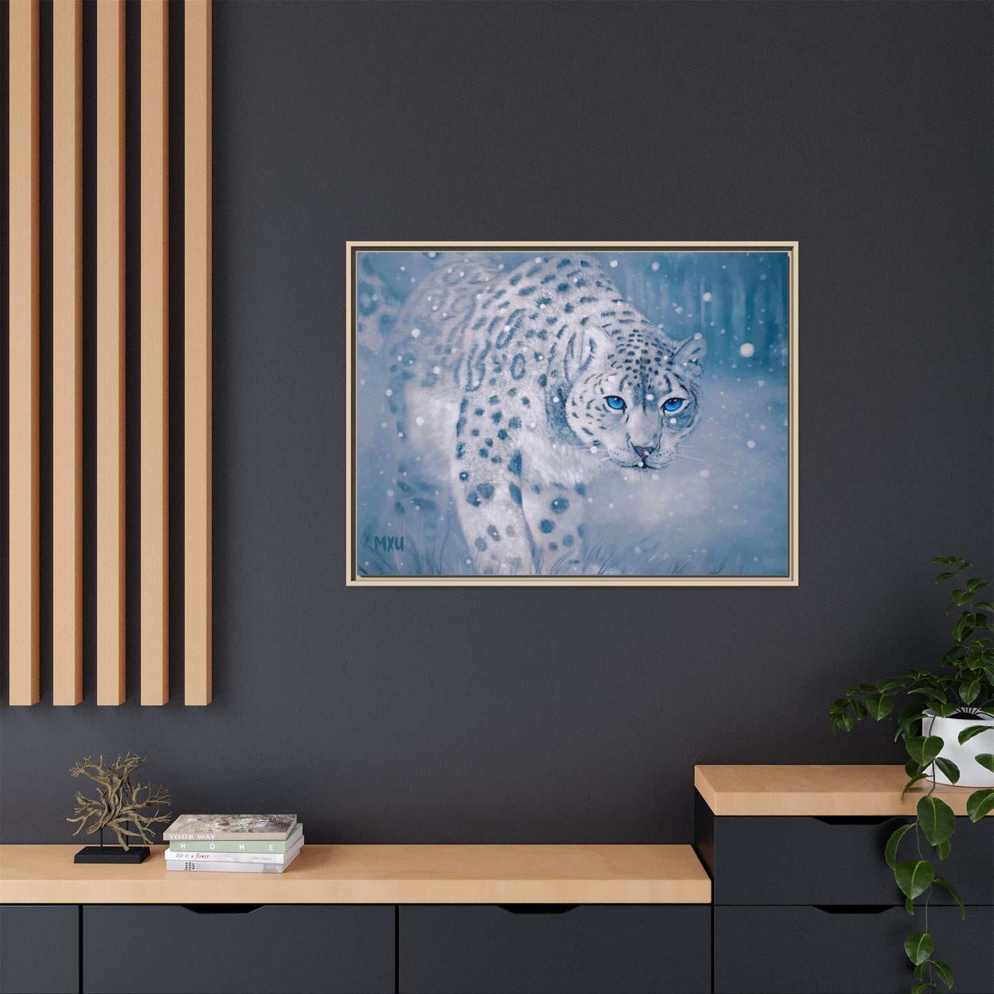 Framed Snow Leopard Canvas Print — Winter Wildlife Wall Art
