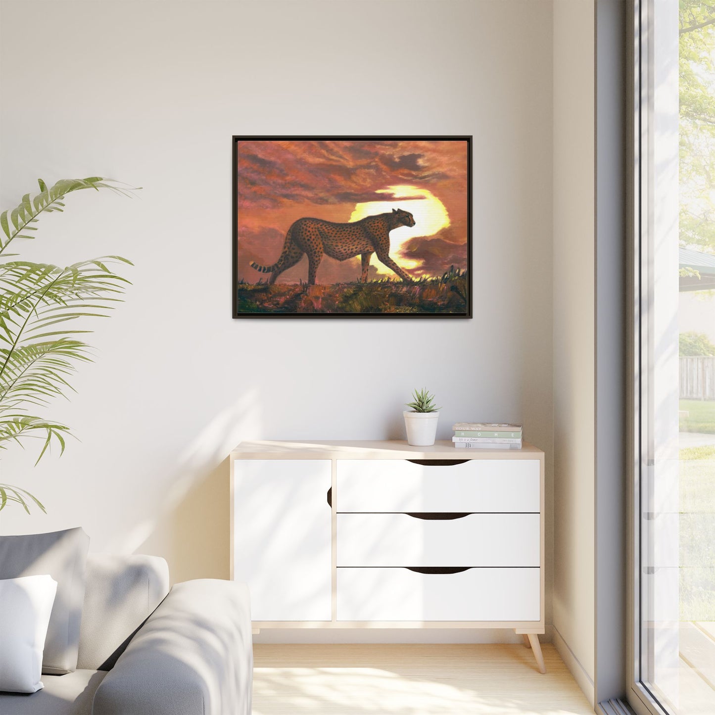 Framed Cheetah Sunset Canvas Print — Wildlife Wall Art