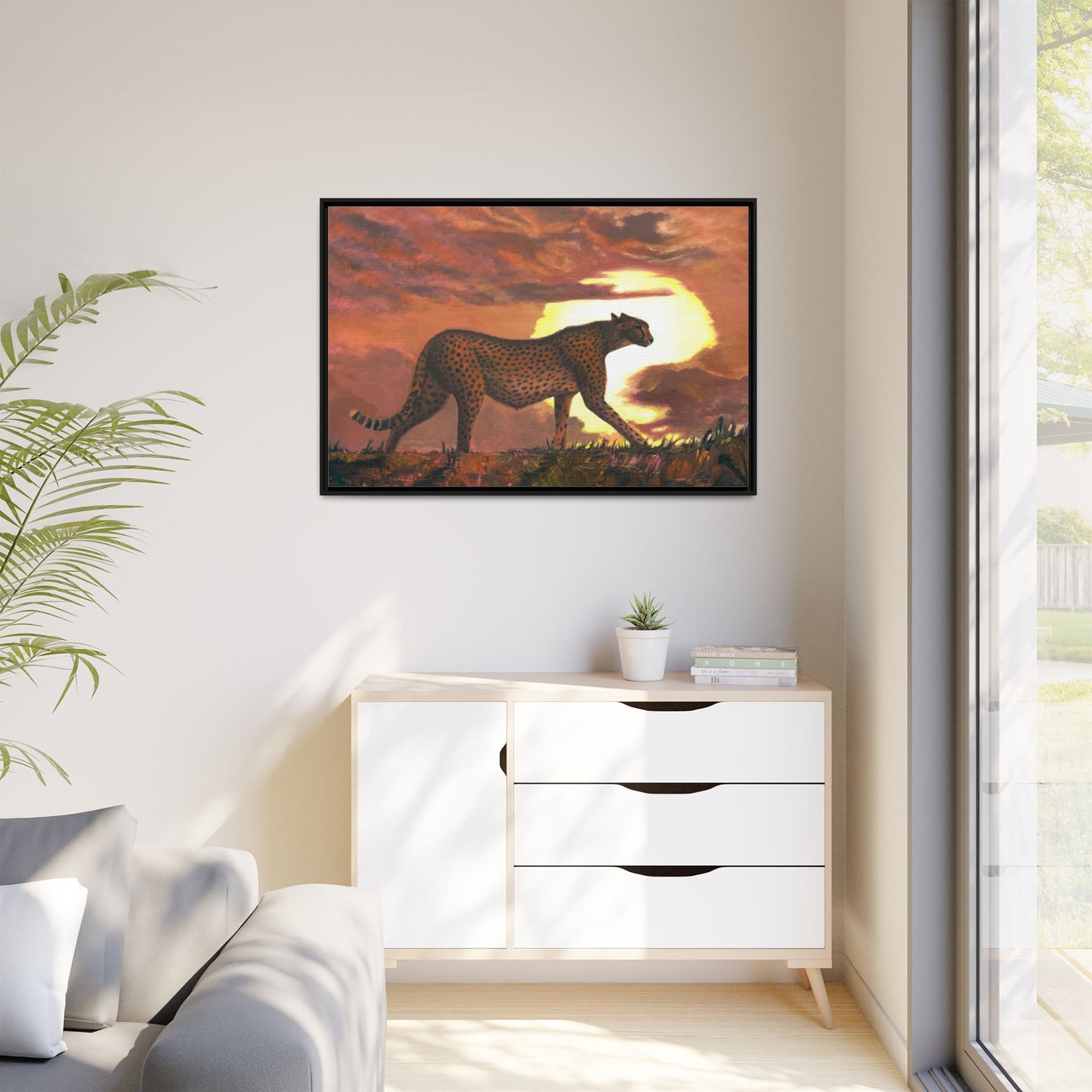 Framed Cheetah Sunset Canvas Print — Wildlife Wall Art