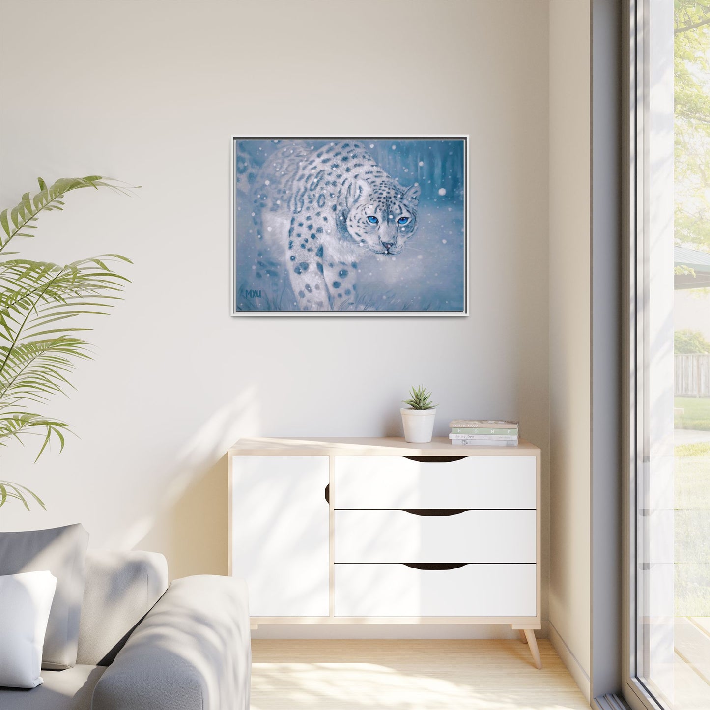 Framed Snow Leopard Canvas Print — Winter Wildlife Wall Art