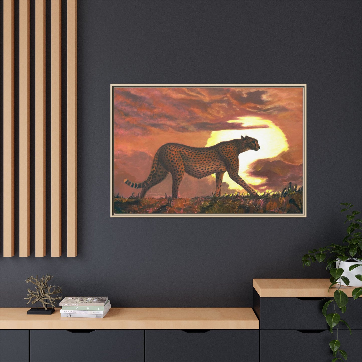 Framed Cheetah Sunset Canvas Print — Wildlife Wall Art