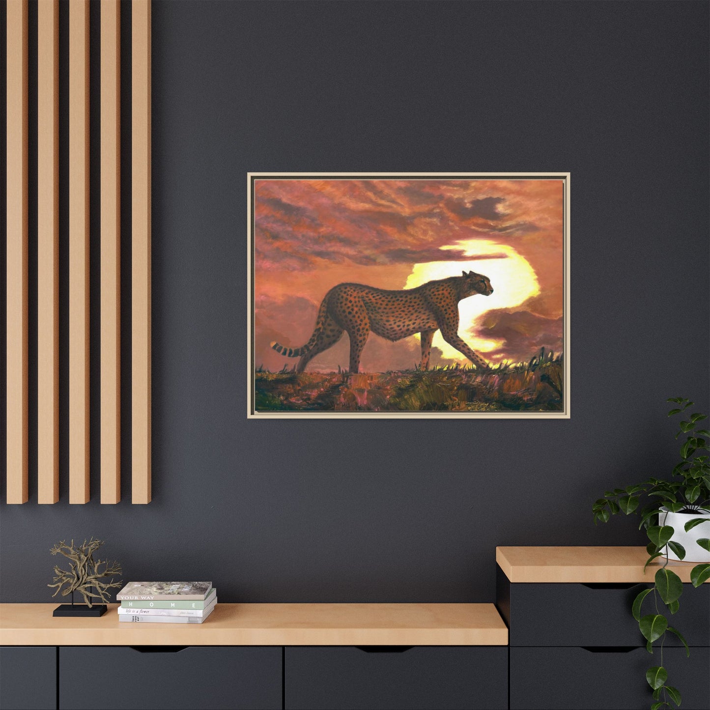 Framed Cheetah Sunset Canvas Print — Wildlife Wall Art
